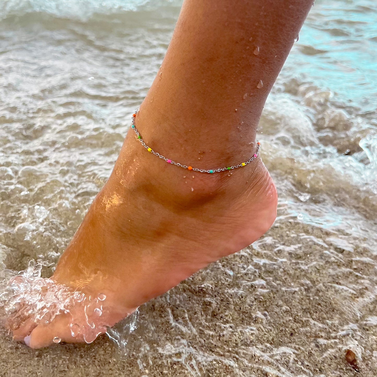 Multicolor beaded silver anklet